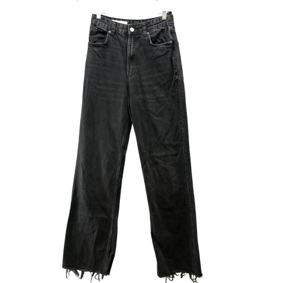 Zara Denim - Zara High Waisted Flare Jeans Womens Size 4 Black Frayed Hem Dark Wash